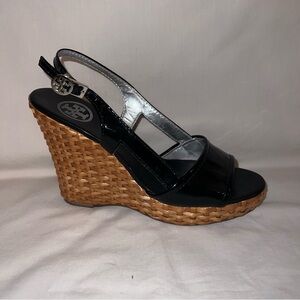 Black and Brown Tory Burch Wicker Wedges